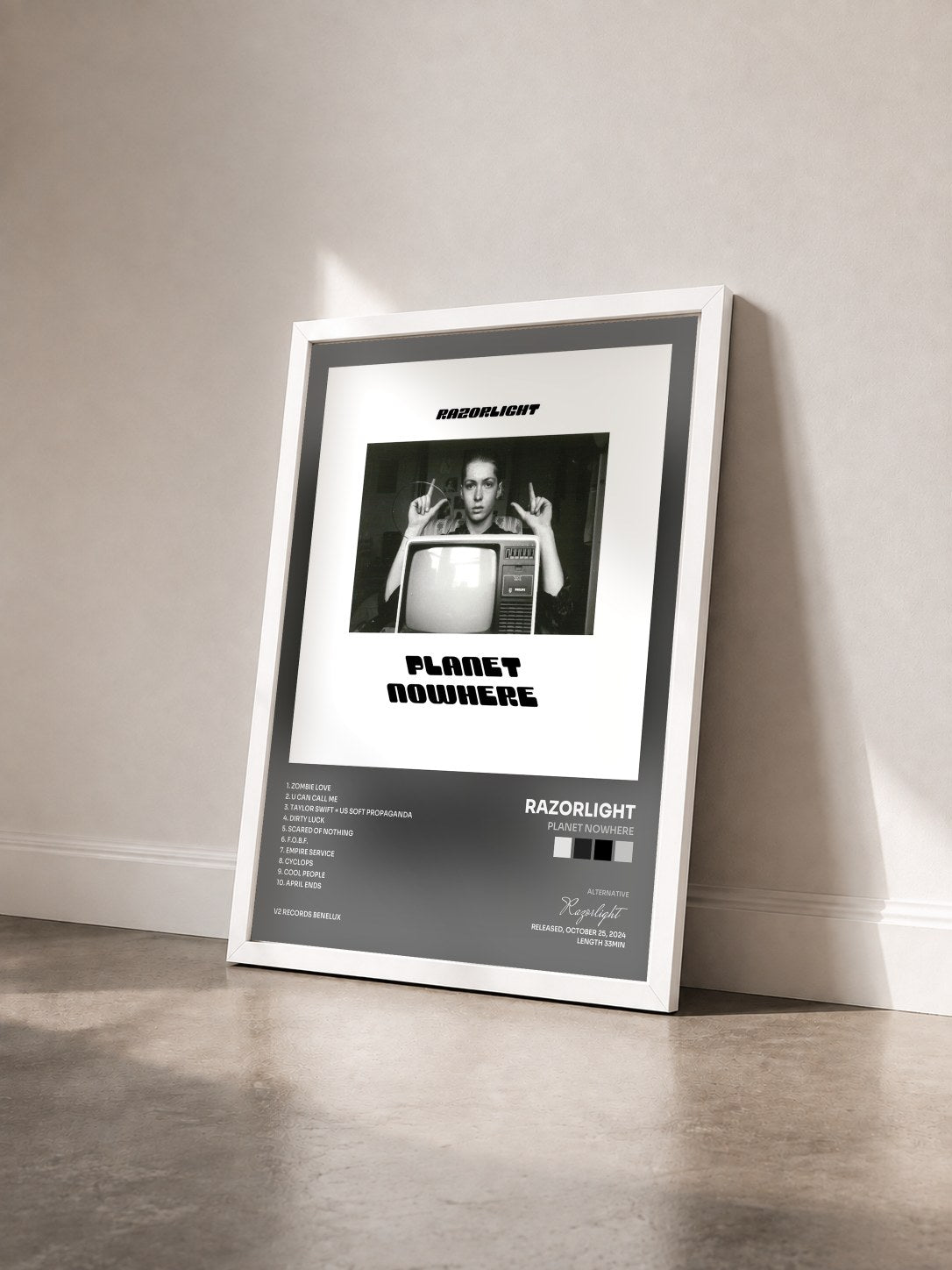 #blanc Tableau de l'album Planet Nowhere de Razorlight vu de trois quarts, cadre blanc