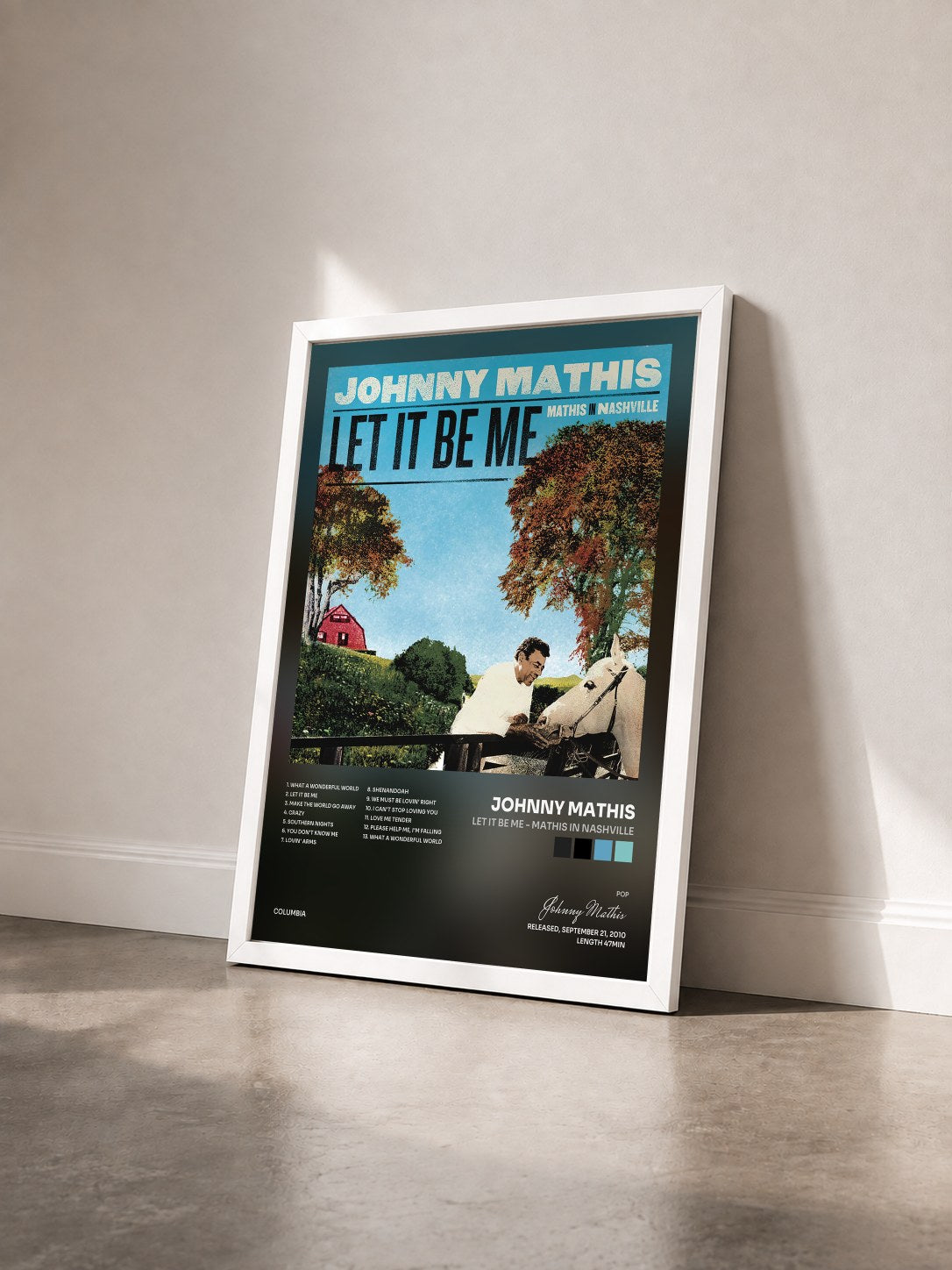 #blanc Tableau de l'album Let It Be Me - Mathis In Nashville de Johnny Mathis vu de trois quarts, cadre blanc