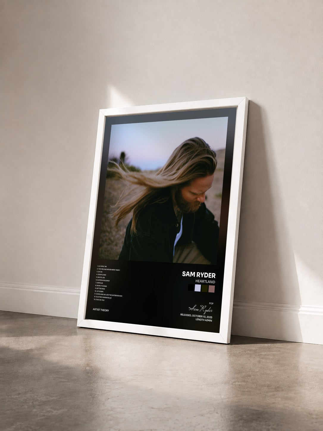 #blanc Tableau de l'album Heartland de Sam Ryder vu de trois quarts, cadre blanc