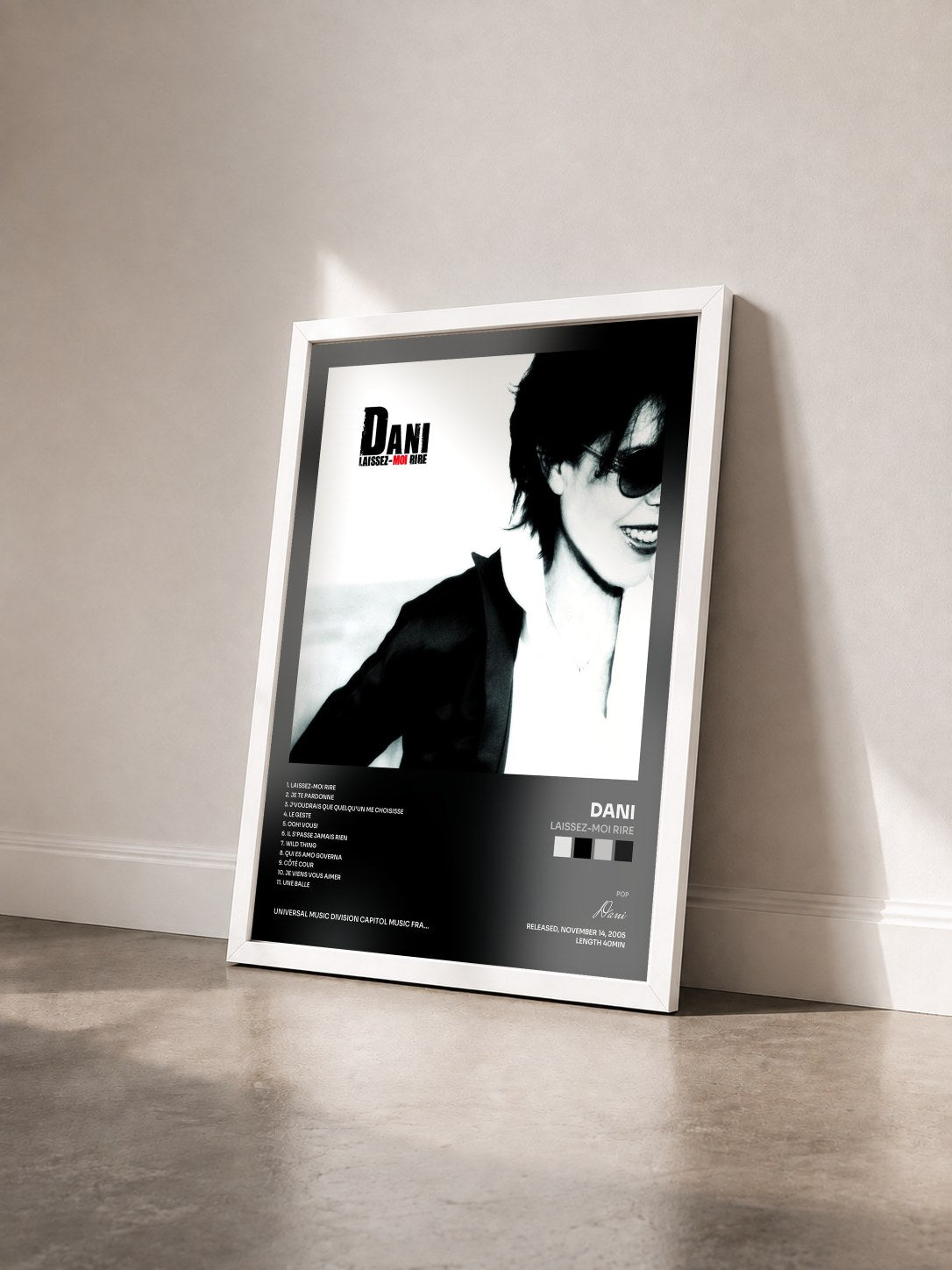 #blanc Tableau de l'album Laissez-Moi Rire de Dani vu de trois quarts, cadre blanc