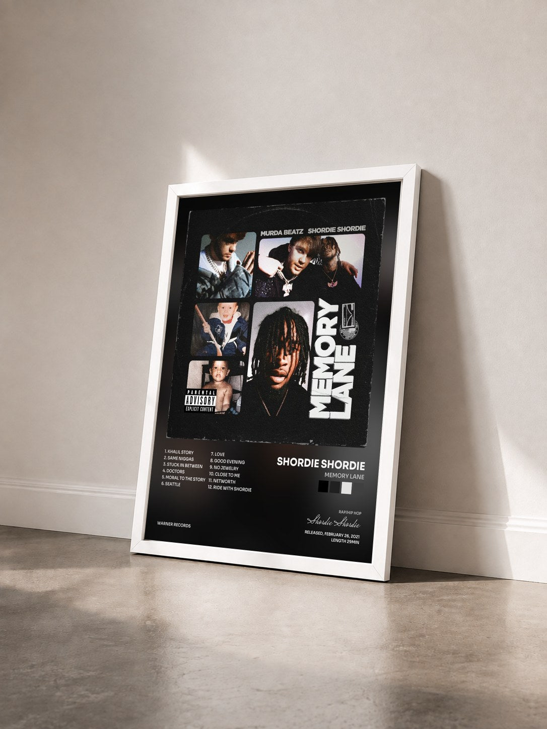 #blanc Tableau de l'album Memory Lane de Shordie Shordie vu de trois quarts, cadre blanc