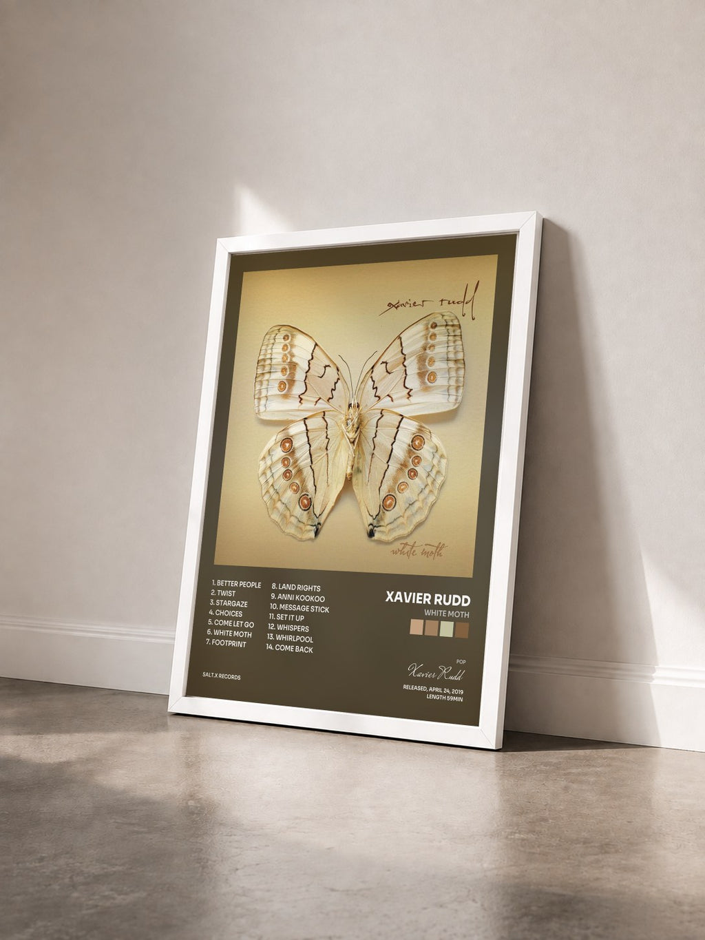 #blanc Tableau de l'album White Moth de Xavier Rudd vu de trois quarts, cadre blanc