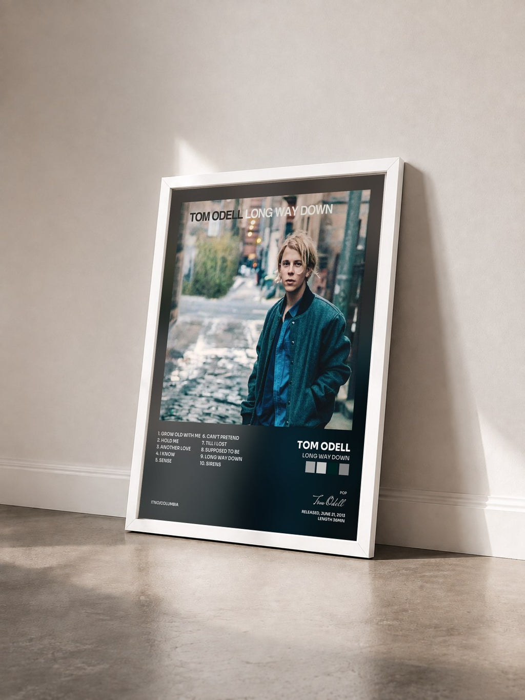 #blanc Tableau de l'album Long Way Down de Tom Odell vu de trois quarts, cadre blanc