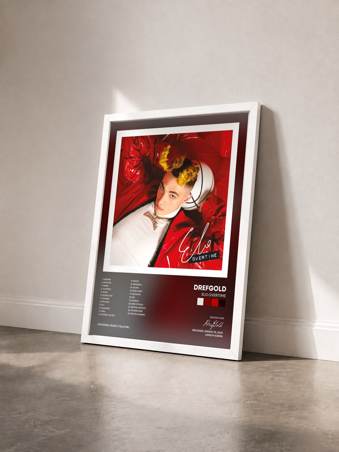 #blanc Tableau de l'album ELO OVERTIME de DrefGold vu de trois quarts, cadre blanc