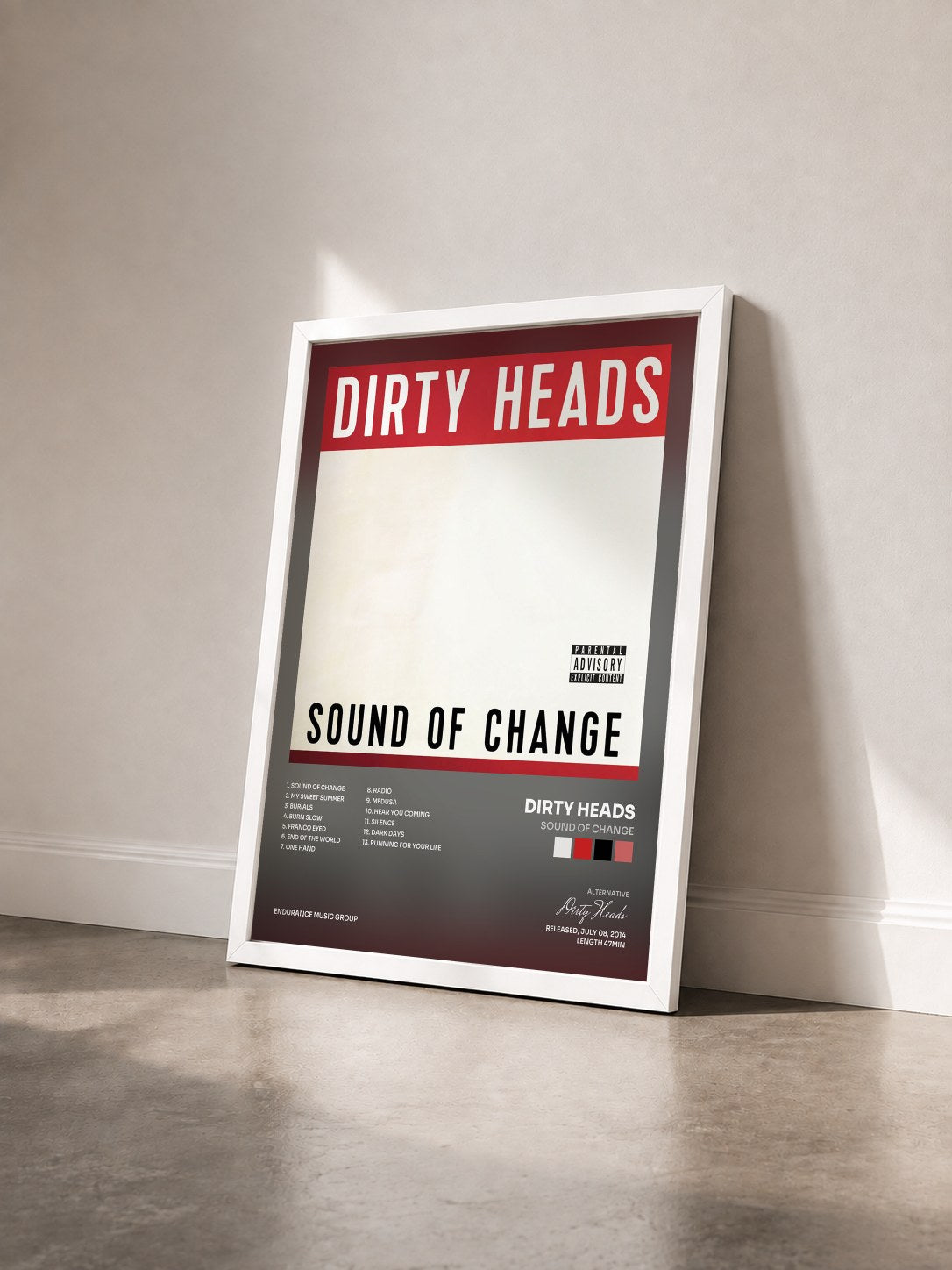 #blanc Tableau de l'album Sound Of Change de Dirty Heads vu de trois quarts, cadre blanc