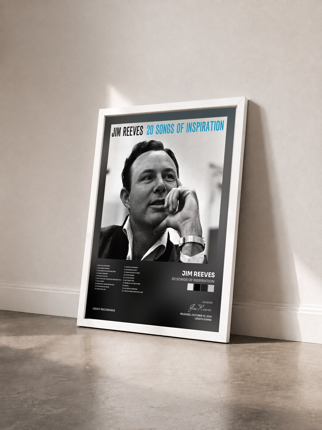 #blanc Tableau de l'album 20 Songs of Inspiration de Jim Reeves vu de trois quarts, cadre blanc