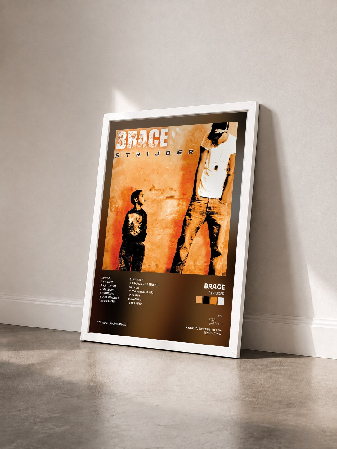 #blanc Tableau de l'album Strijder de Brace vu de trois quarts, cadre blanc