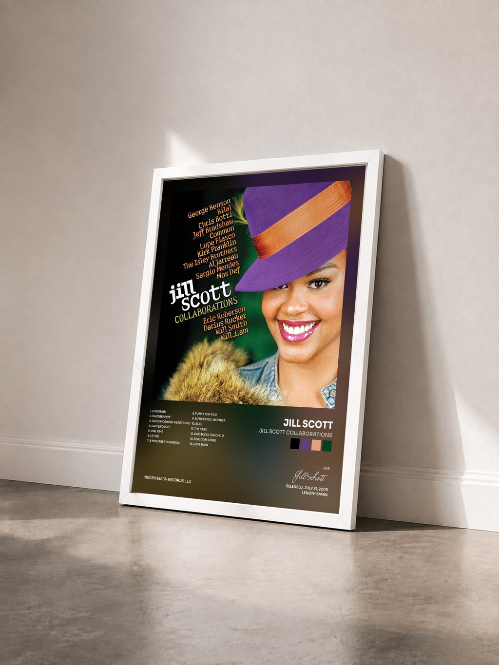 #blanc Tableau de l'album Jill Scott Collaborations de Jill Scott vu de trois quarts, cadre blanc