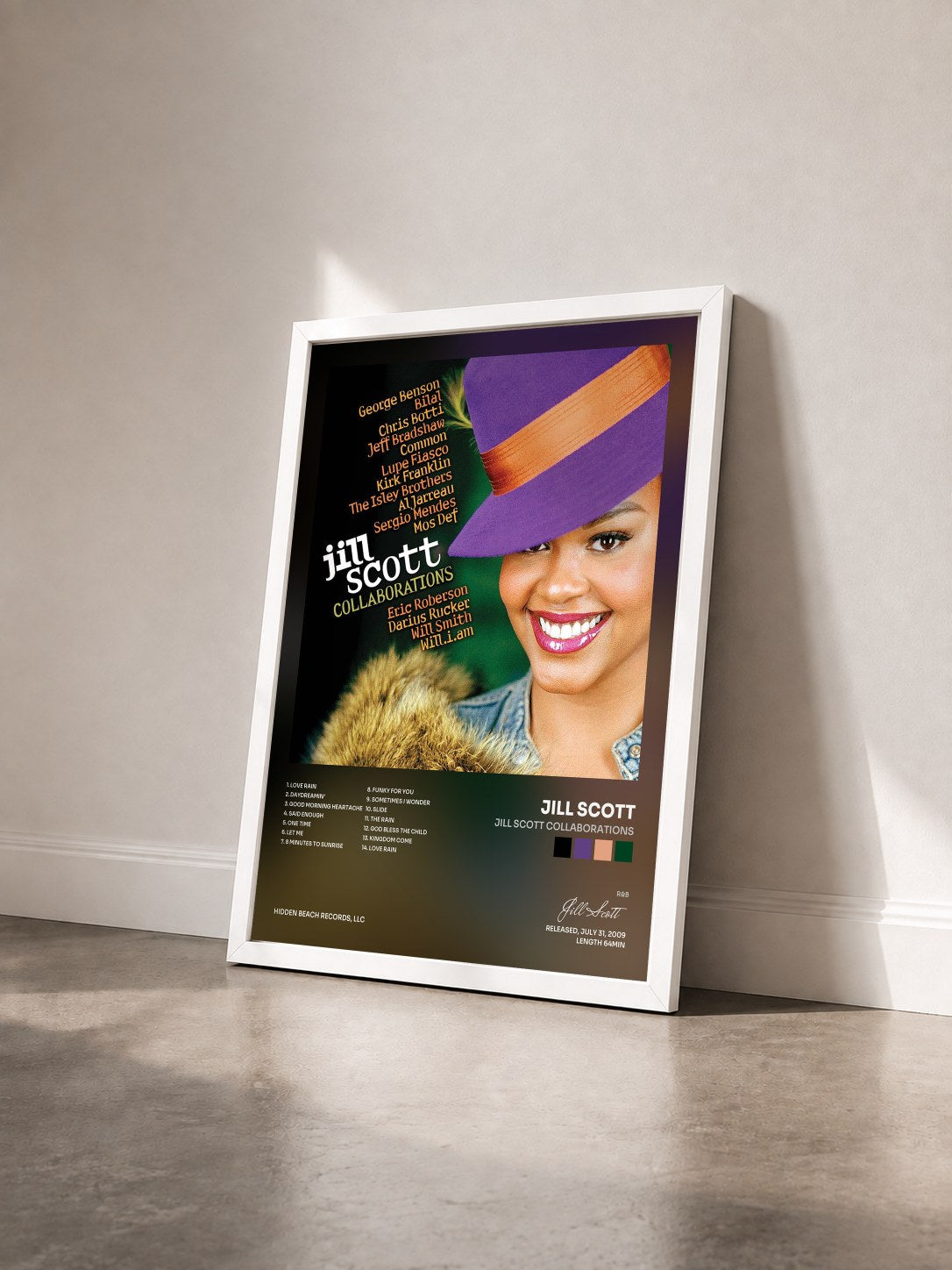 #blanc Tableau de l'album Jill Scott Collaborations de Jill Scott vu de trois quarts, cadre blanc