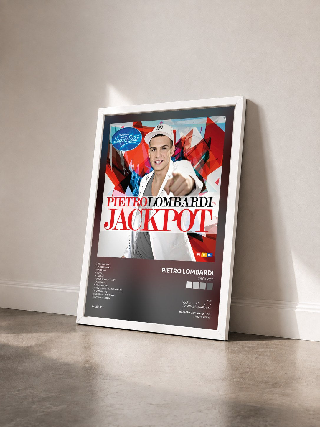 #blanc Tableau de l'album Jackpot de Pietro Lombardi vu de trois quarts, cadre blanc