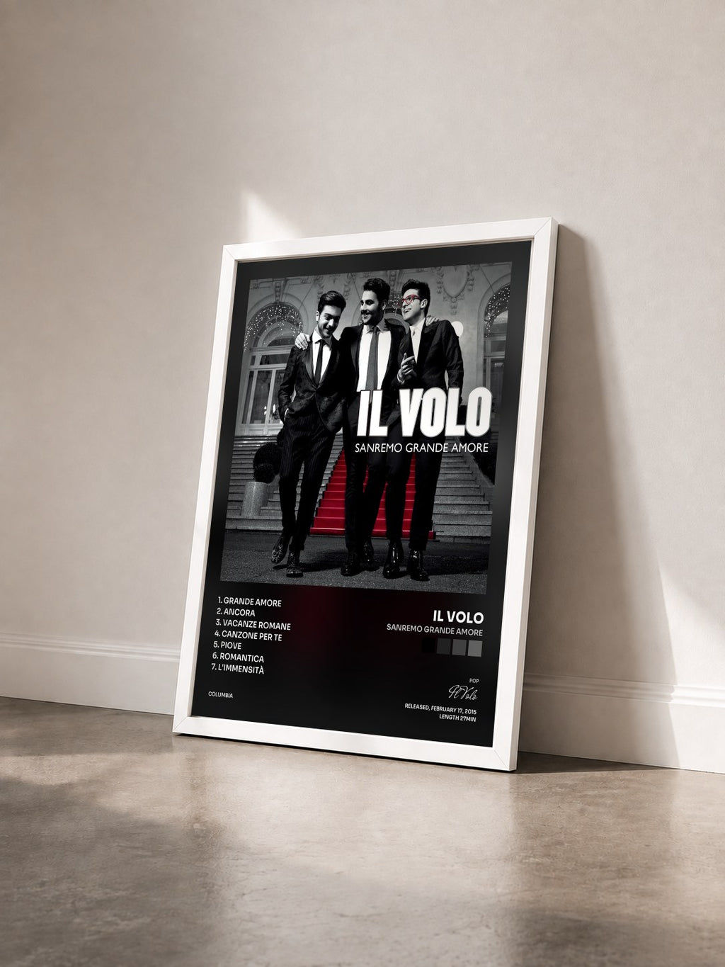 #blanc Sanremo grande amore by Il Volo as a framed art print seen at an angle, white frame