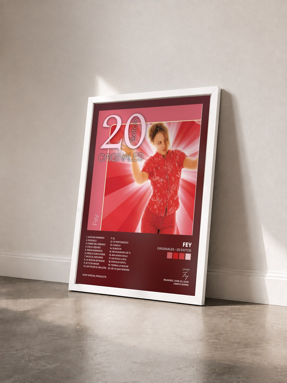 #blanc Tableau de l'album Originales - 20 Exitos de Fey vu de trois quarts, cadre blanc