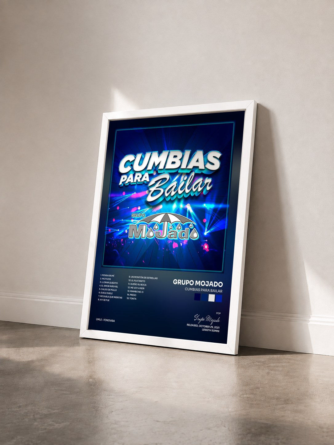 #blanc Tableau de l'album Cumbias Para Bailar de Grupo Mojado vu de trois quarts, cadre blanc