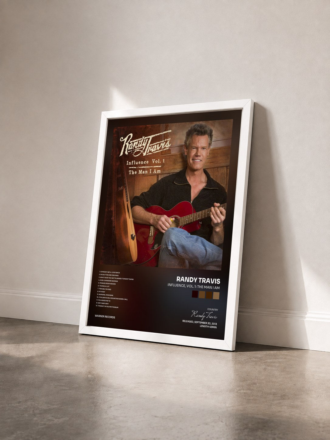 #blanc Tableau de l'album Influence, Vol. 1: The Man I Am de Randy Travis vu de trois quarts, cadre blanc