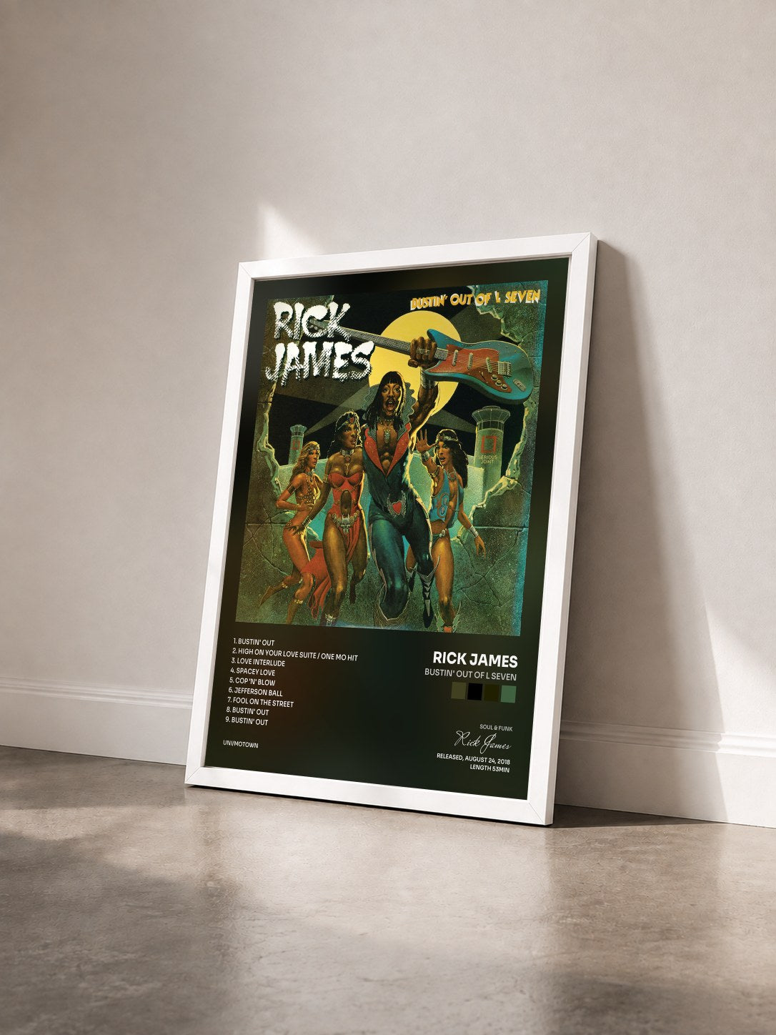 #blanc Tableau de l'album Bustin' Out of L Seven de Rick James vu de trois quarts, cadre blanc