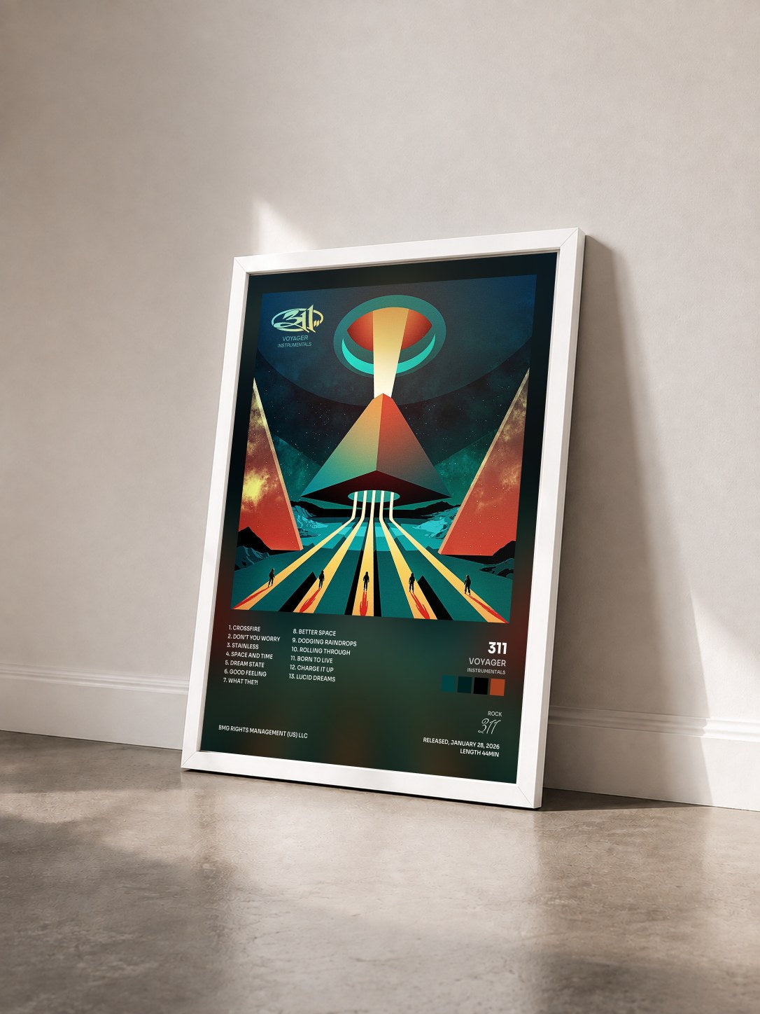 #blanc Tableau de l'album Voyager (Instrumentals) de 311 vu de trois quarts, cadre blanc