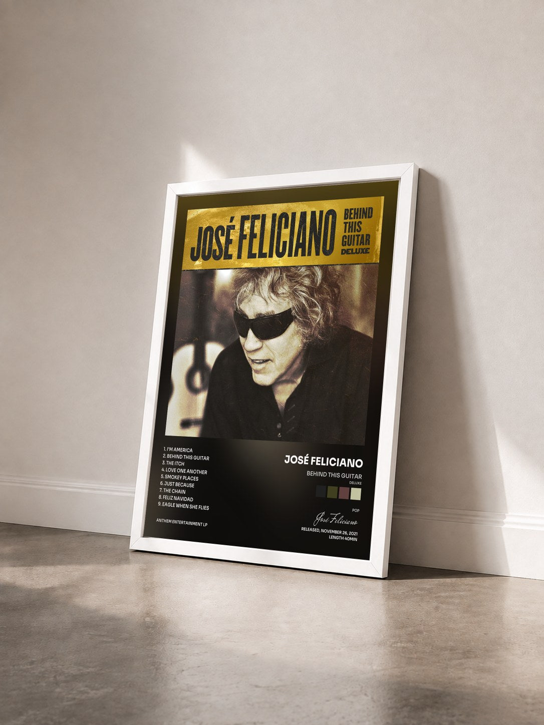 #blanc Tableau de l'album Behind This Guitar (Deluxe) de José Feliciano vu de trois quarts, cadre blanc