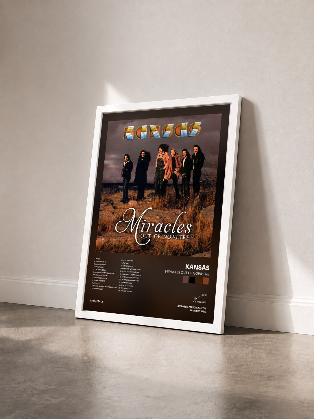 #blanc Tableau de l'album Miracles Out of Nowhere de Kansas vu de trois quarts, cadre blanc