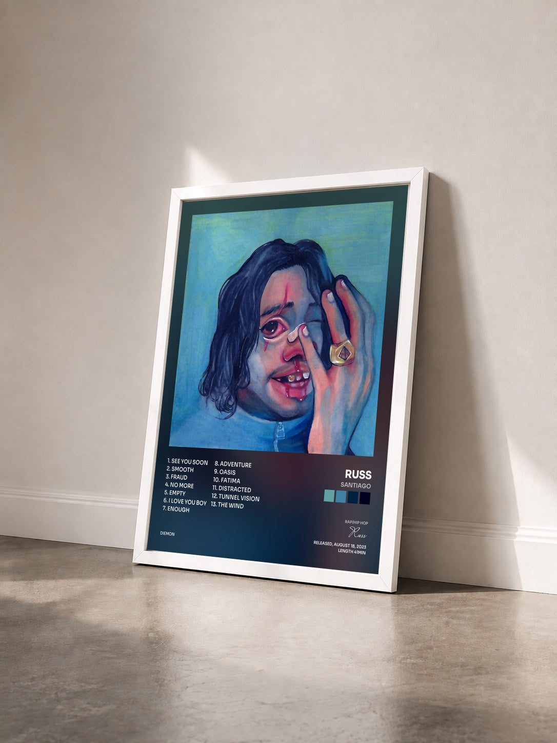 #blanc Tableau de l'album SANTIAGO de Russ vu de trois quarts, cadre blanc