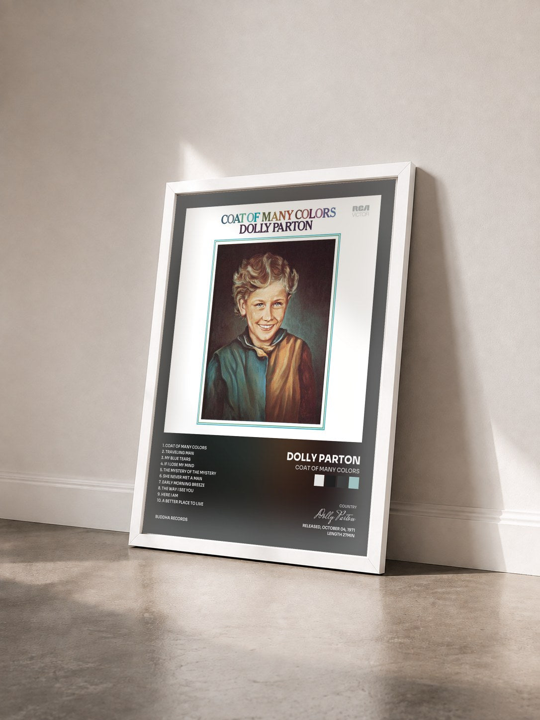 #blanc Tableau de l'album Coat Of Many Colors de Dolly Parton vu de trois quarts, cadre blanc