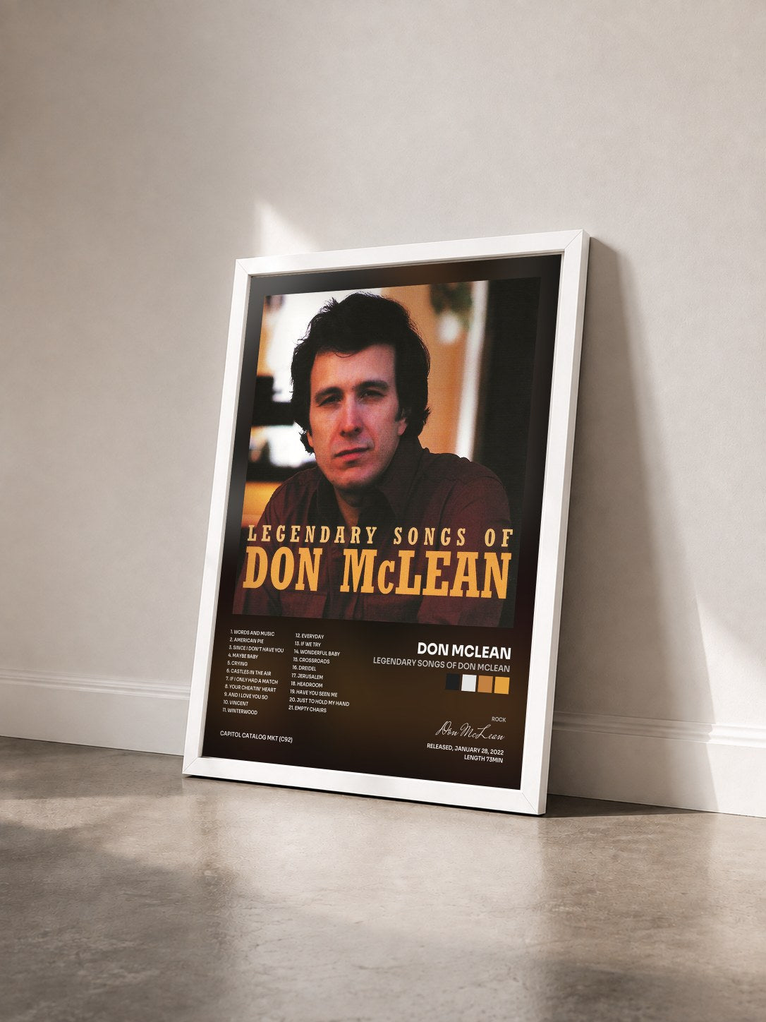 #blanc Tableau de l'album Legendary Songs Of Don McLean de Don McLean vu de trois quarts, cadre blanc