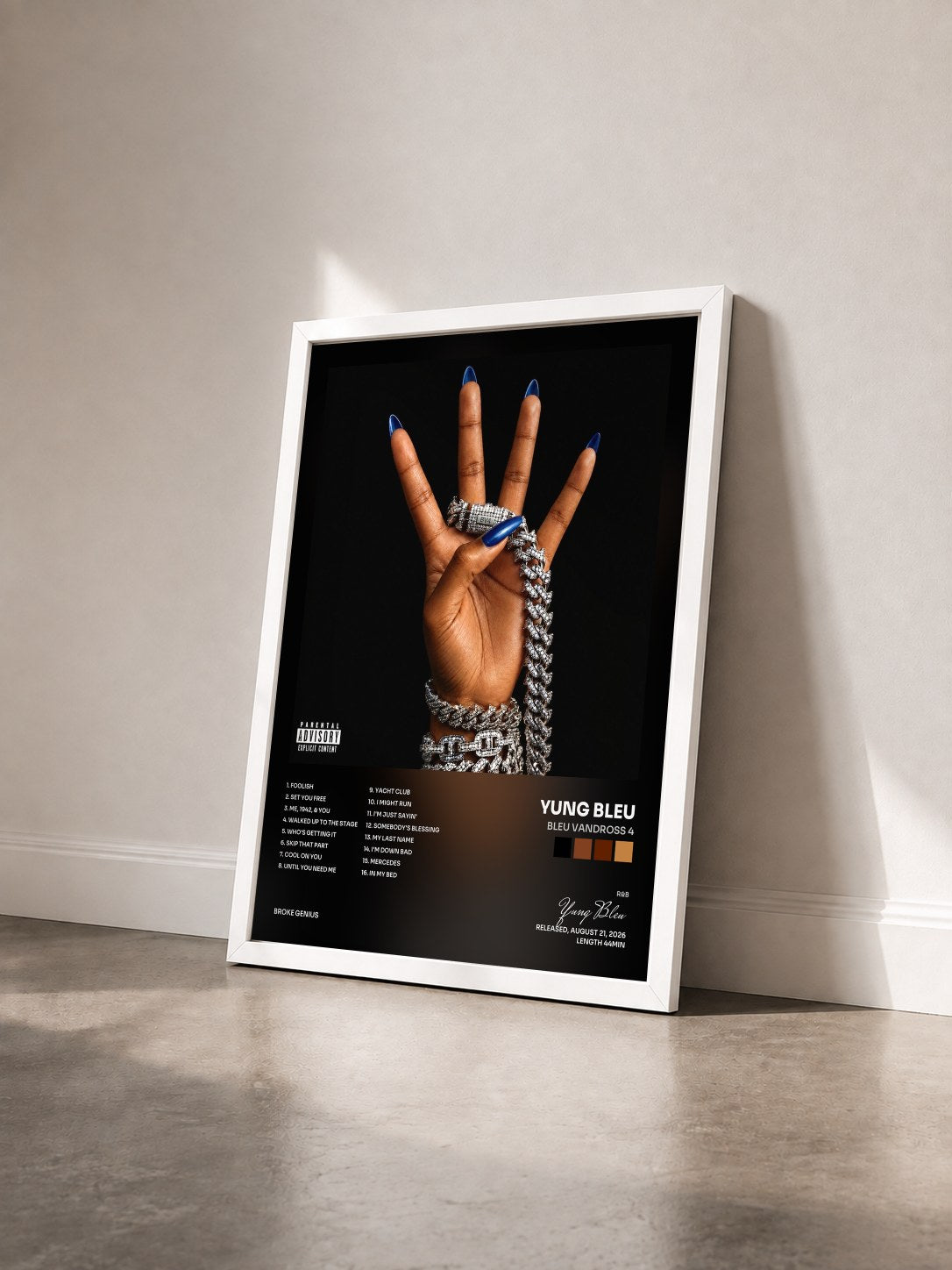 #blanc Tableau de l'album Bleu Vandross 4 de Yung Bleu vu de trois quarts, cadre blanc