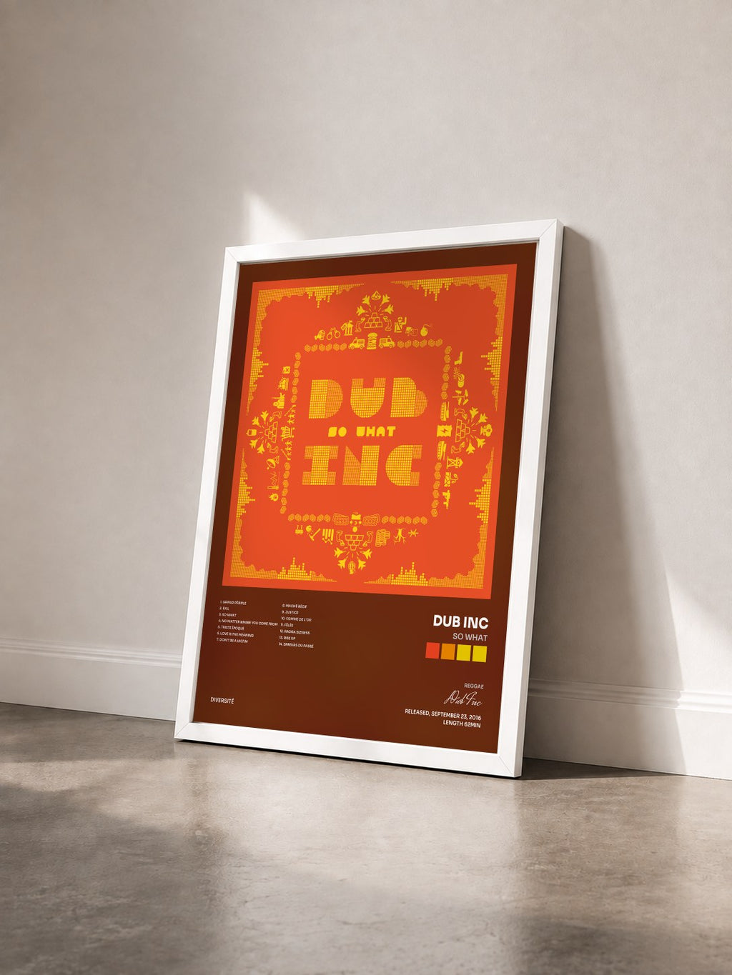 #blanc Tableau de l'album So What de Dub Inc vu de trois quarts, cadre blanc