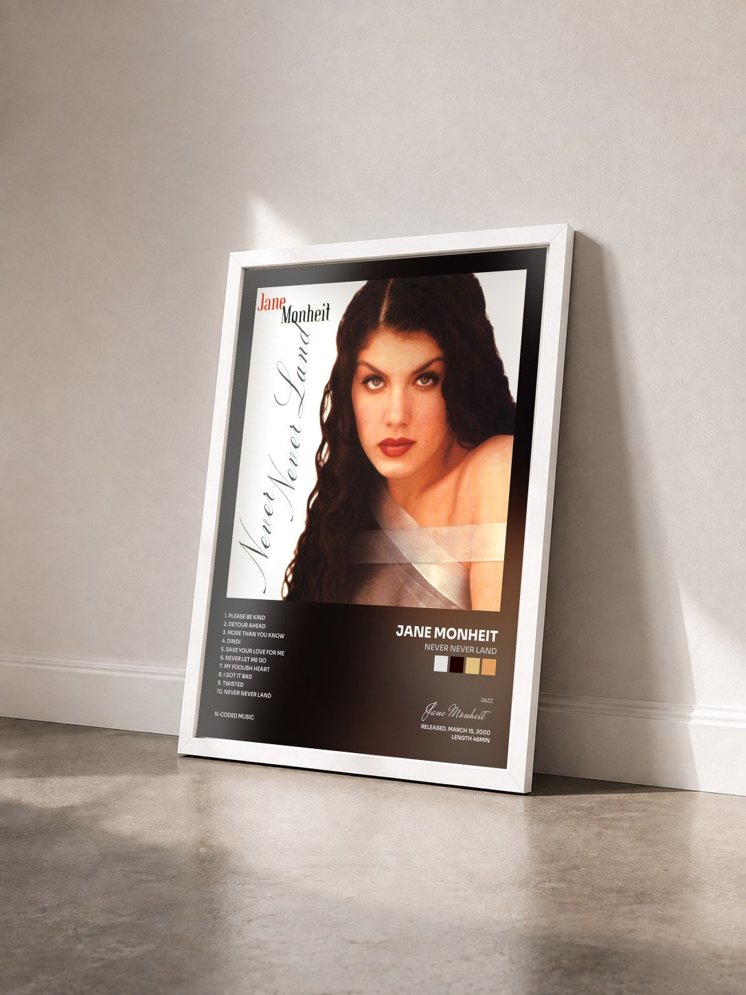 #blanc Tableau de l'album Never Never Land de Jane Monheit vu de trois quarts, cadre blanc