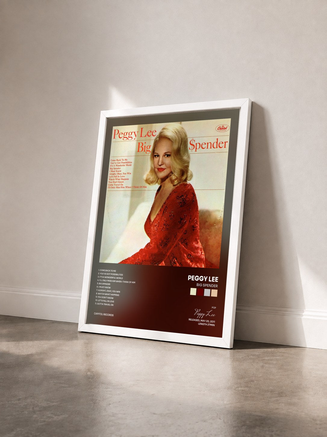 #blanc Tableau de l'album Big Spender de Peggy Lee vu de trois quarts, cadre blanc