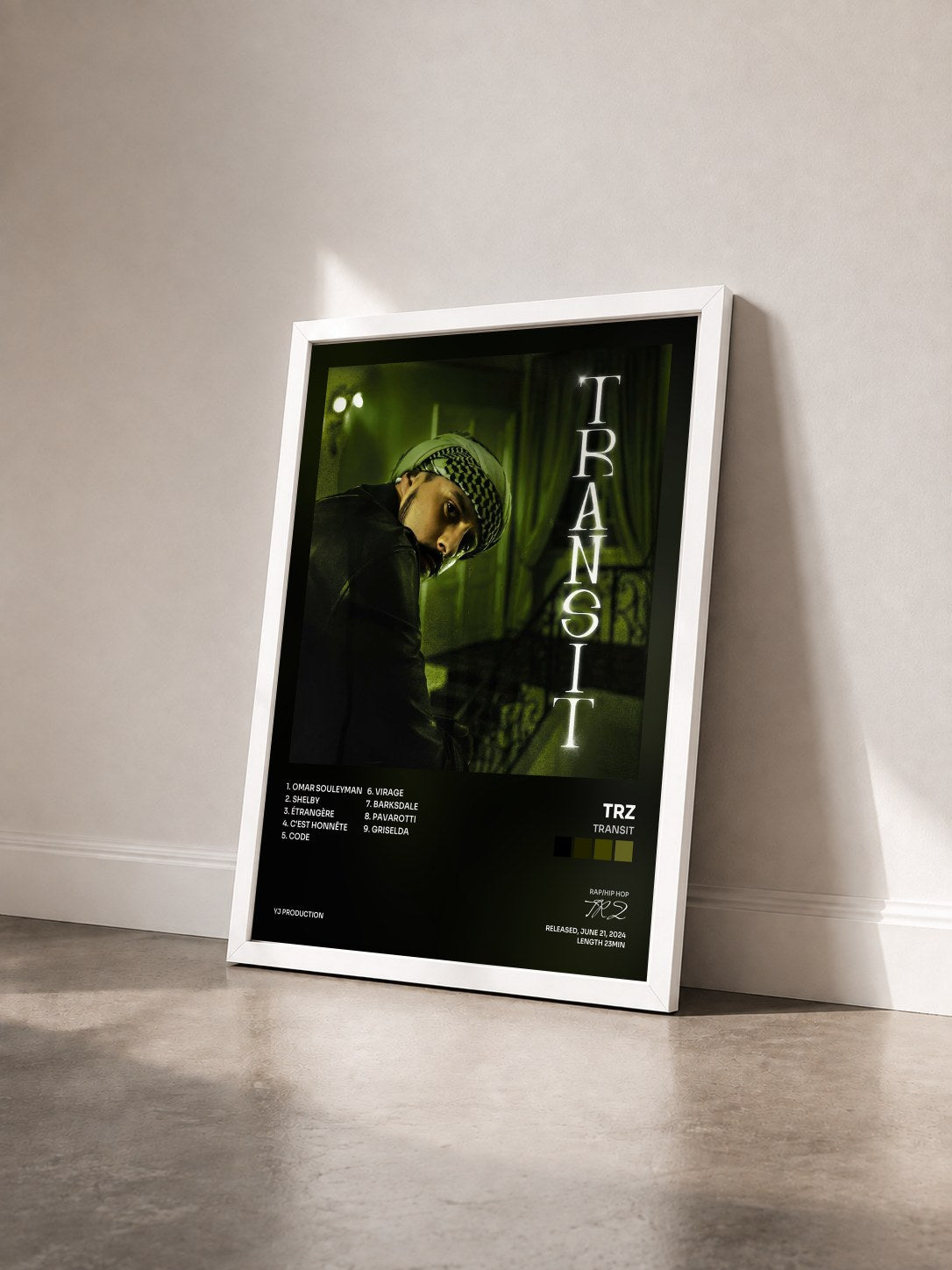 #blanc Tableau de l'album TRANSIT de TRZ vu de trois quarts, cadre blanc