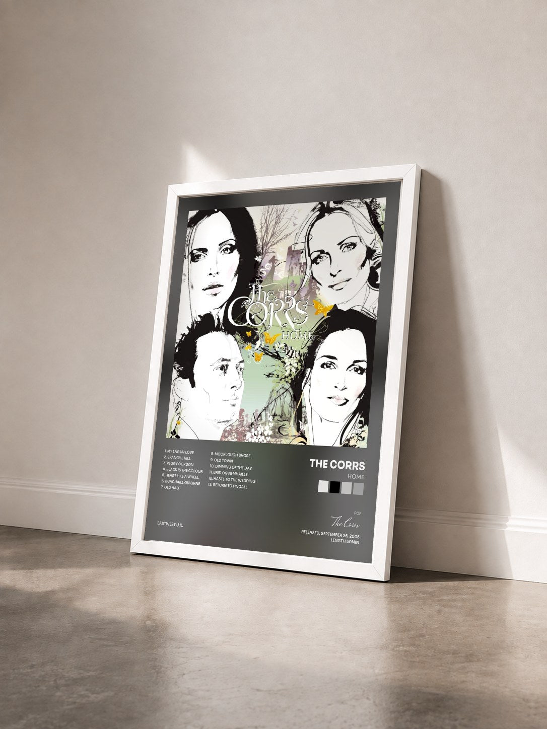 #blanc Tableau de l'album Home de The Corrs vu de trois quarts, cadre blanc