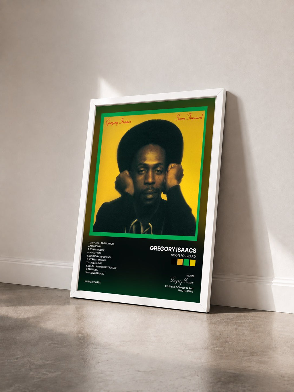 #blanc Tableau de l'album Soon Forward de Gregory Isaacs vu de trois quarts, cadre blanc