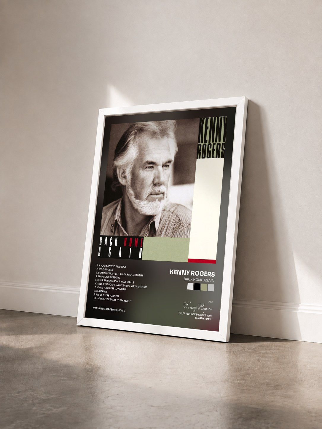 #blanc Tableau de l'album Back Home Again de Kenny Rogers vu de trois quarts, cadre blanc