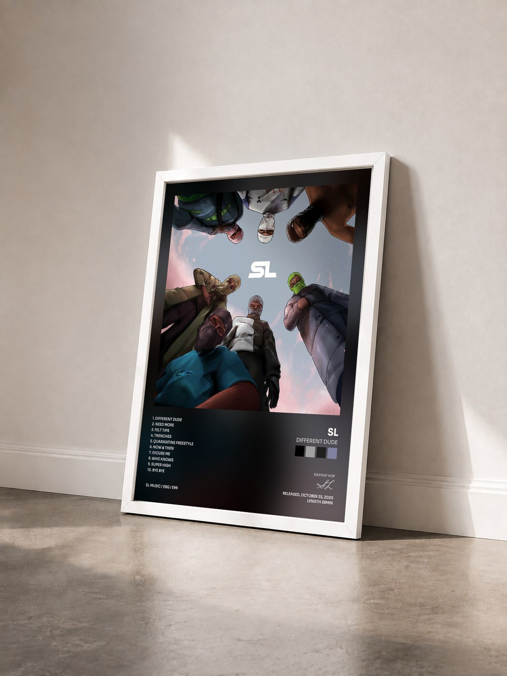 #blanc Tableau de l'album Different Dude de SL vu de trois quarts, cadre blanc