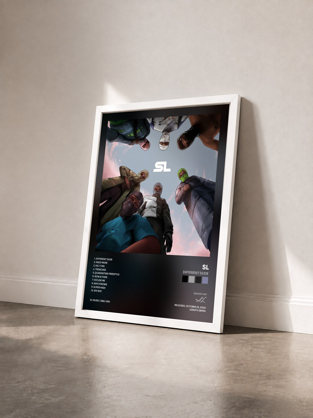 #blanc Tableau de l'album Different Dude de SL vu de trois quarts, cadre blanc