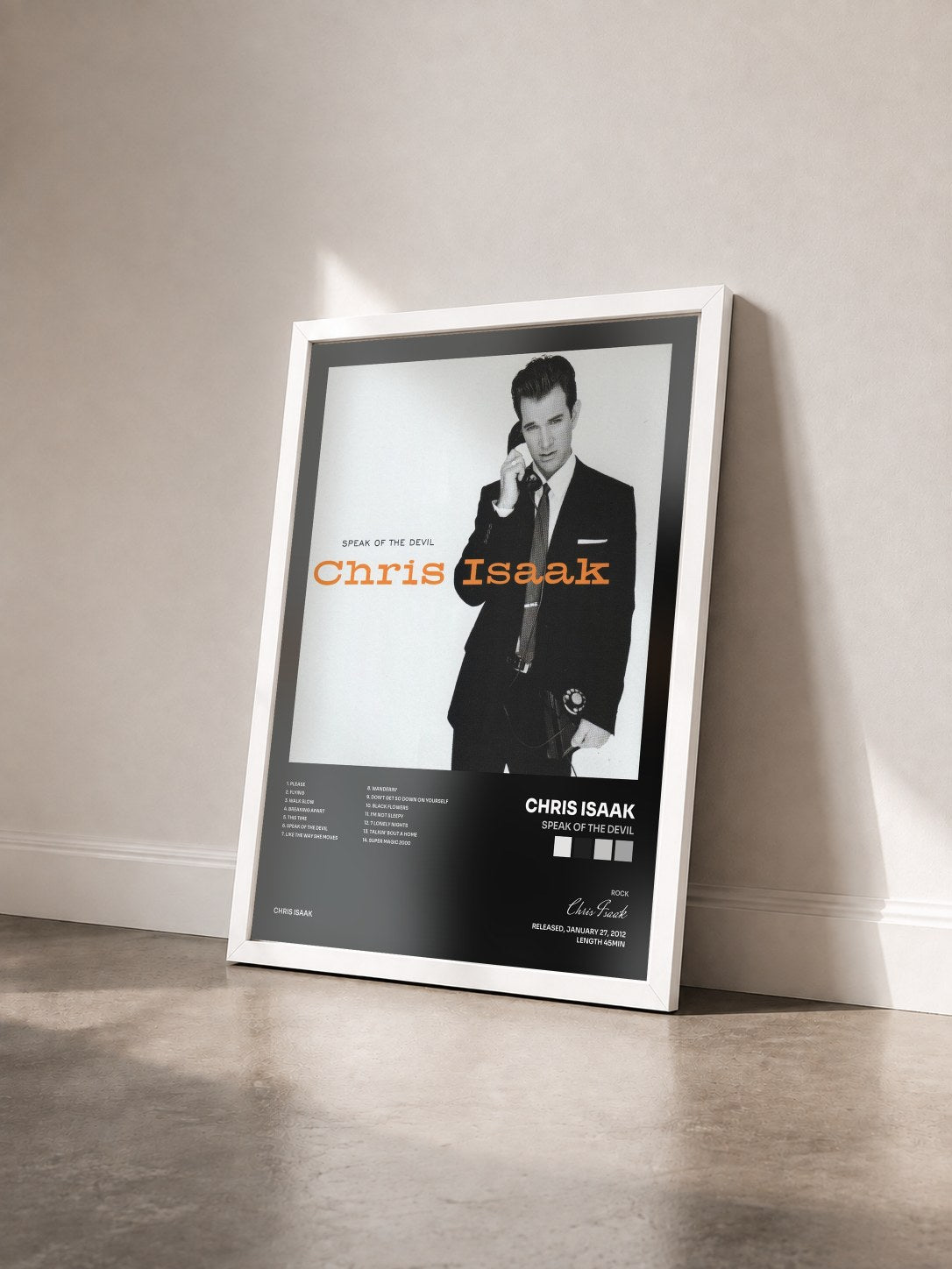 #blanc Tableau de l'album Speak Of The Devil de Chris Isaak vu de trois quarts, cadre blanc