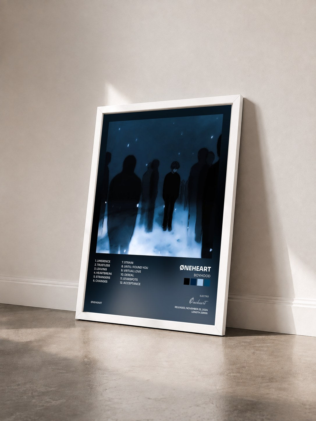 #blanc Tableau de l'album Boyhood de Øneheart vu de trois quarts, cadre blanc