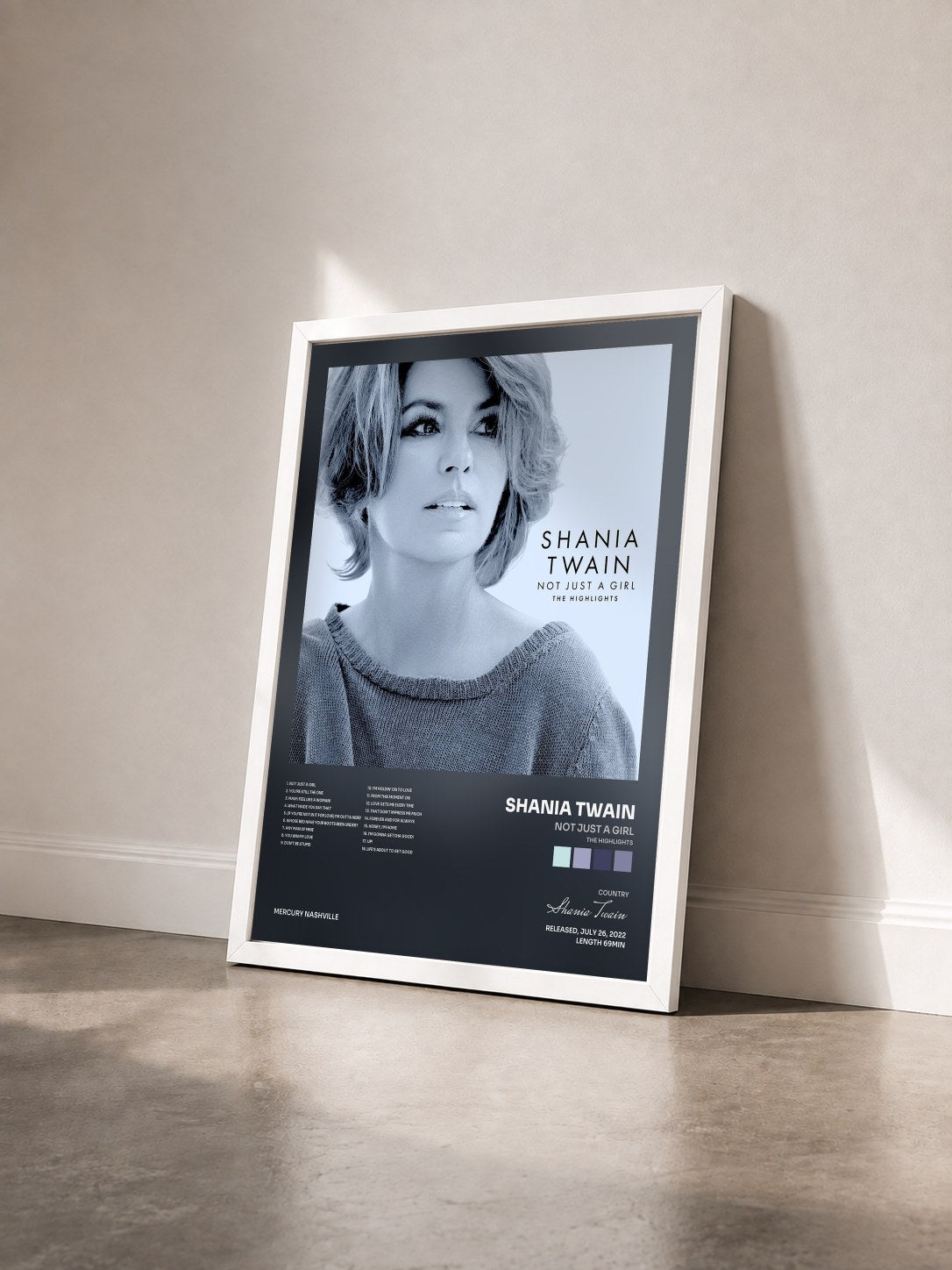 #blanc Tableau de l'album Not Just A Girl (The Highlights) de Shania Twain vu de trois quarts, cadre blanc