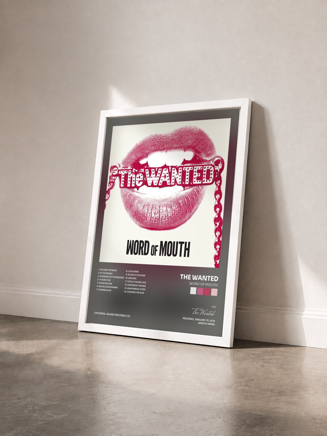 #blanc Tableau de l'album Word Of Mouth de The Wanted vu de trois quarts, cadre blanc