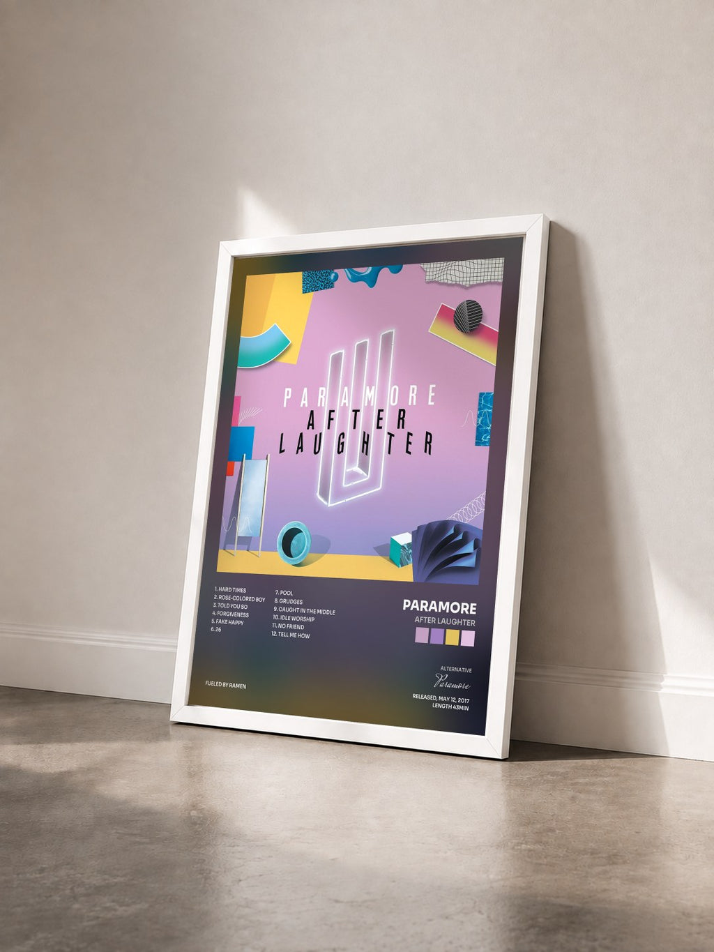 #blanc Tableau de l'album After Laughter de Paramore vu de trois quarts, cadre blanc