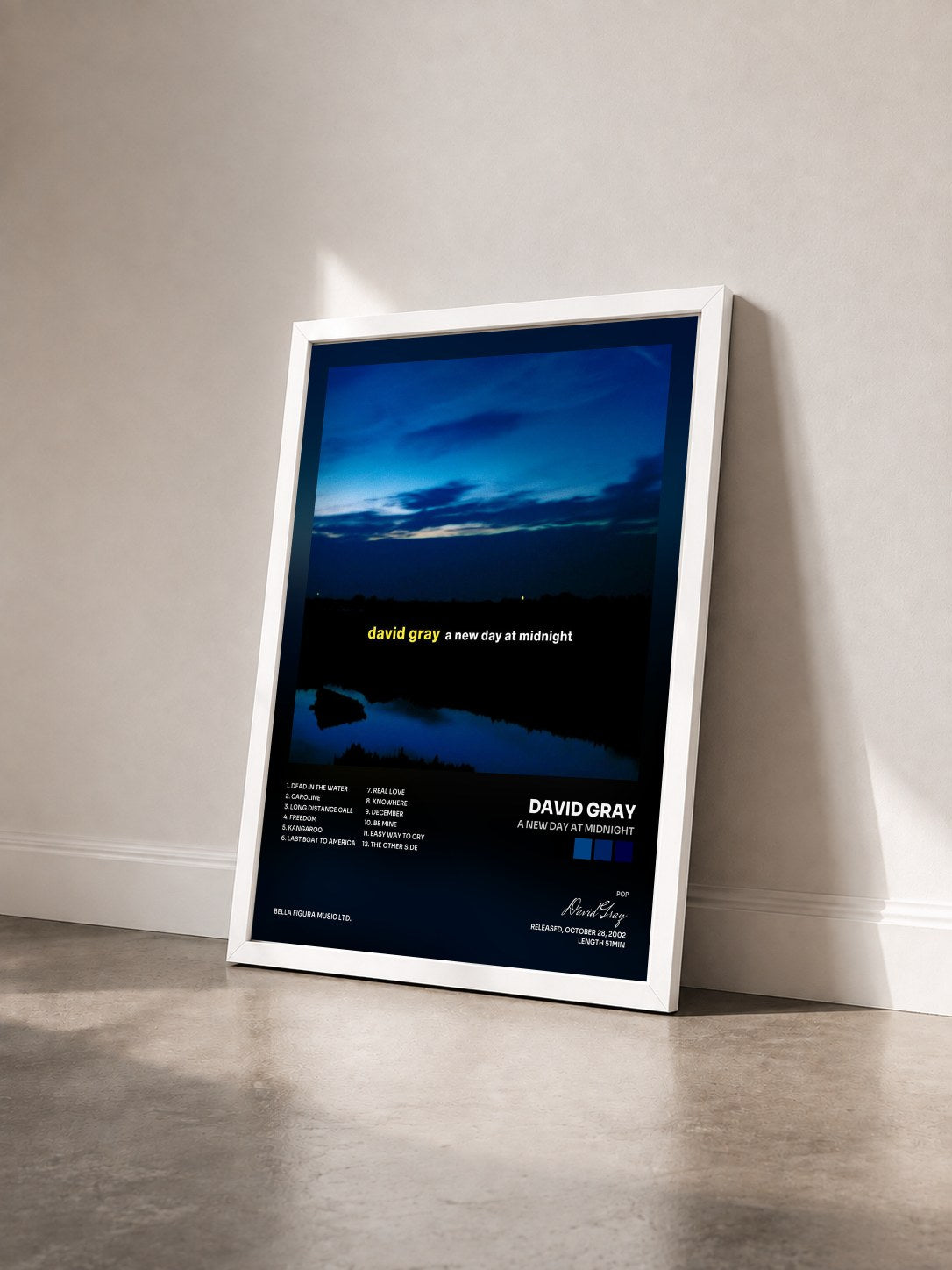 #blanc Tableau de l'album A New Day at Midnight de David Gray vu de trois quarts, cadre blanc