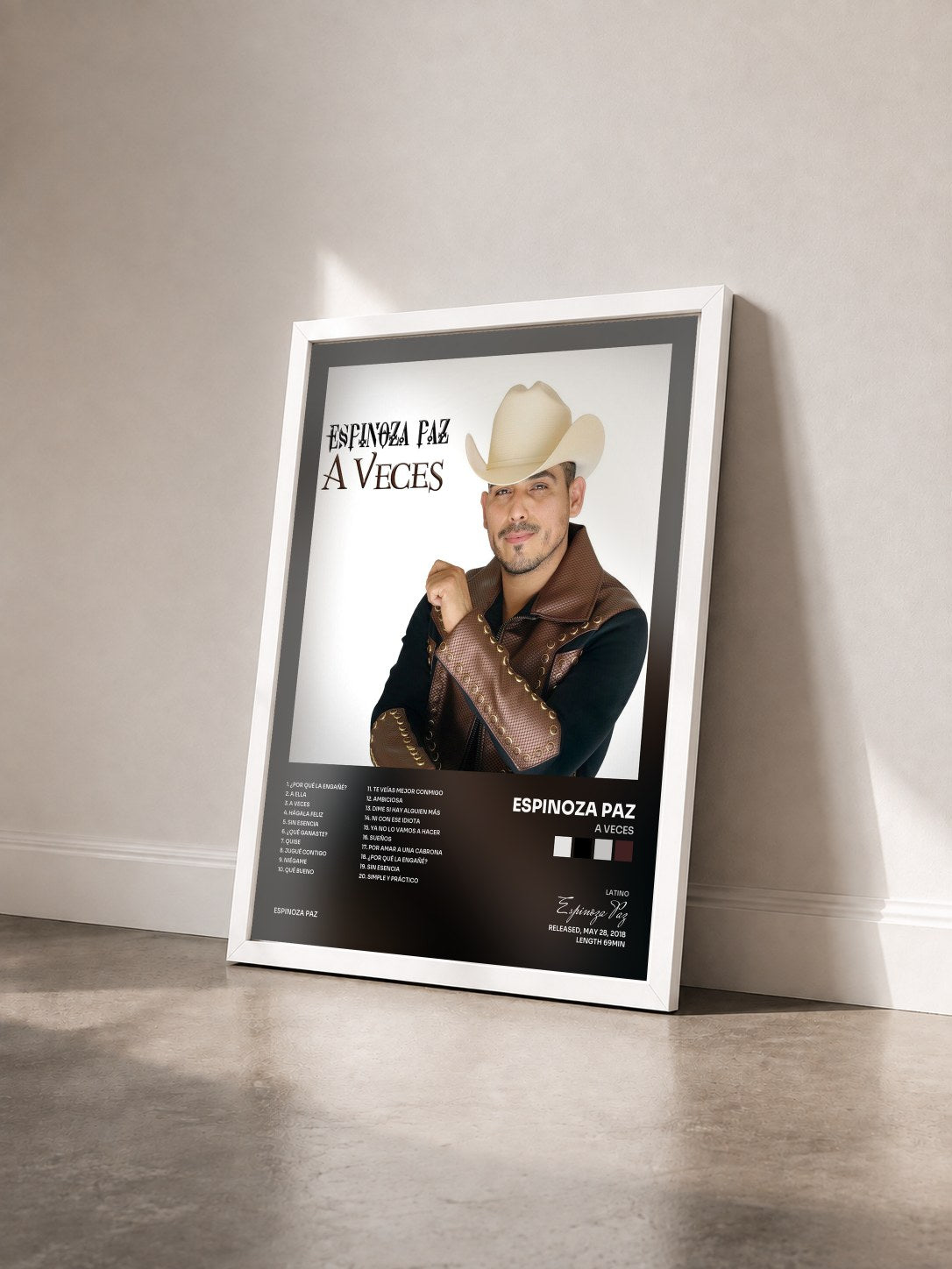 #blanc Tableau de l'album A Veces de Espinoza Paz vu de trois quarts, cadre blanc