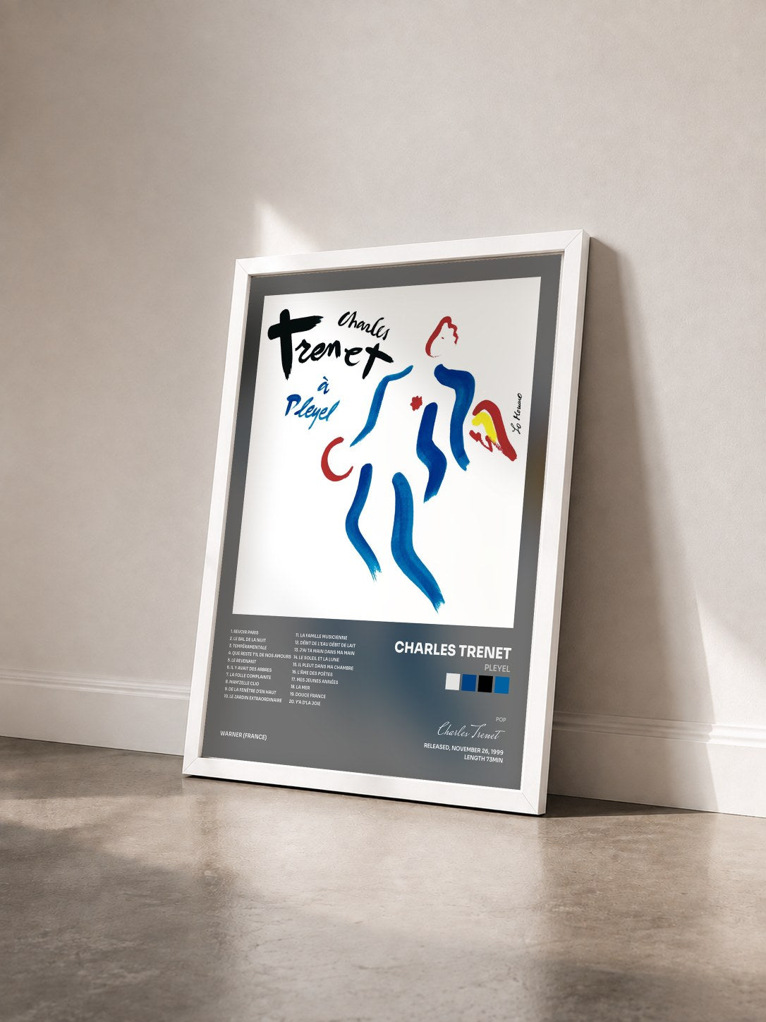 #blanc Tableau de l'album Pleyel de Charles Trenet vu de trois quarts, cadre blanc