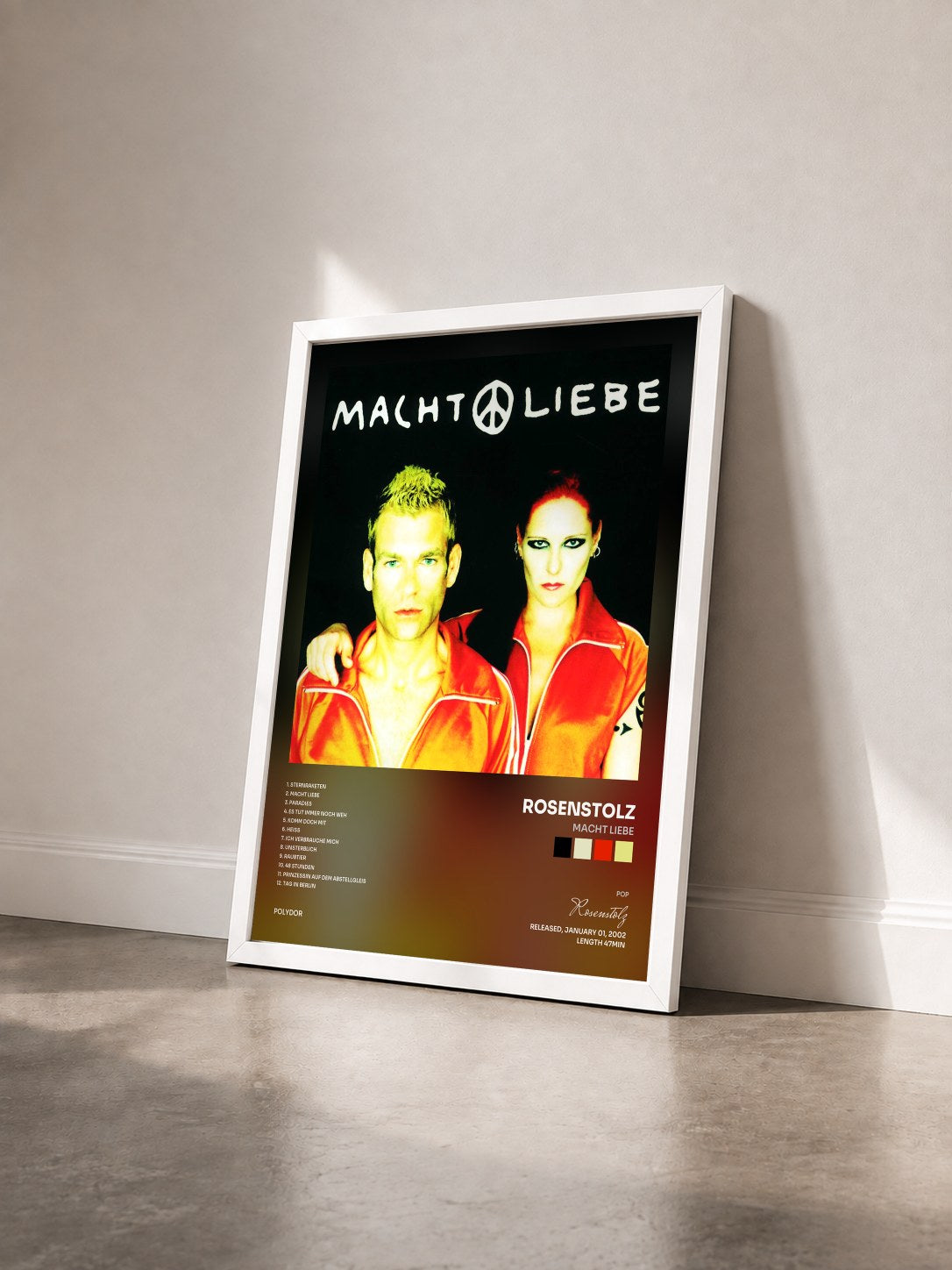 #blanc Tableau de l'album Macht Liebe de Rosenstolz vu de trois quarts, cadre blanc