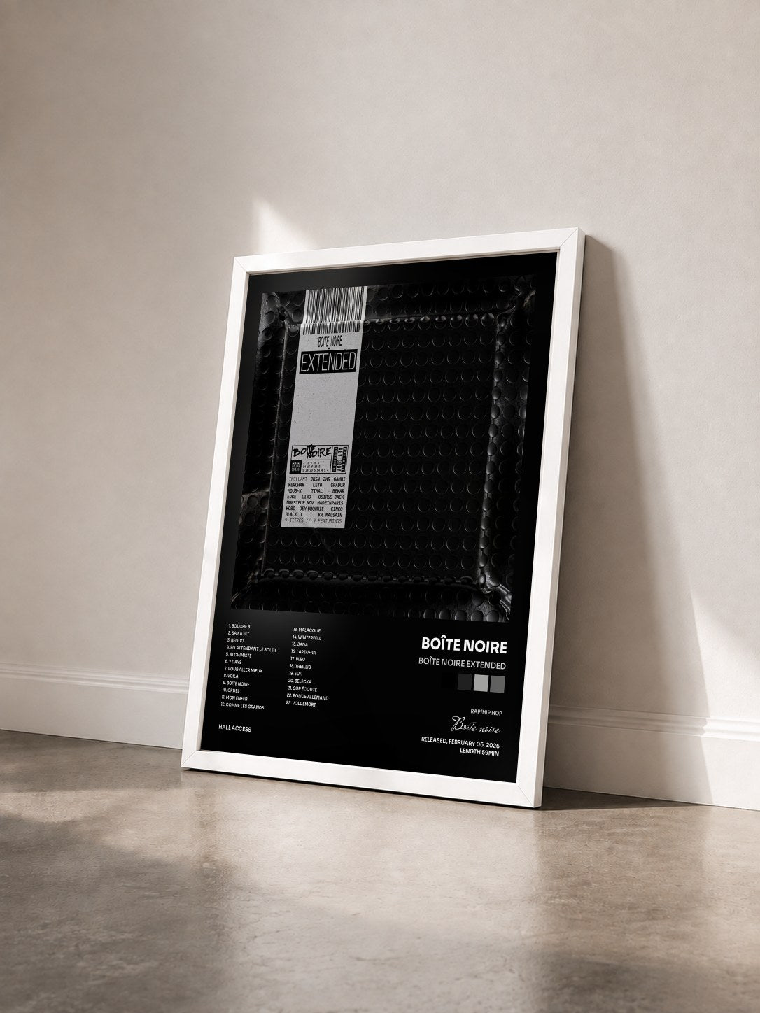 #blanc Tableau de l'album Boîte Noire Extended de Boîte noire vu de trois quarts, cadre blanc