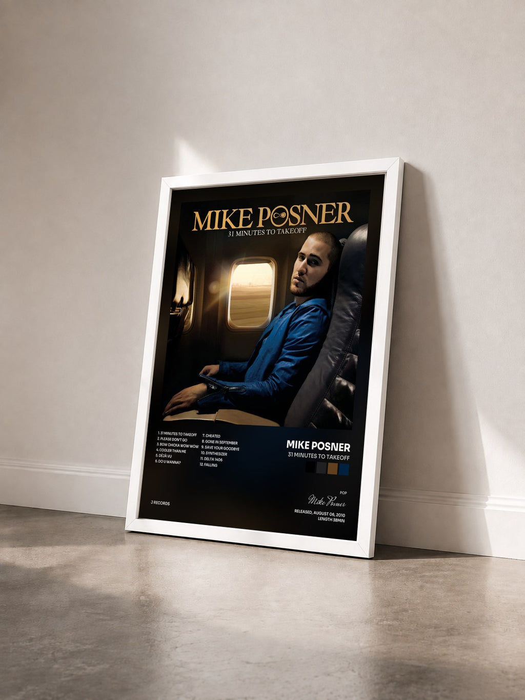 #blanc Tableau de l'album 31 Minutes to Takeoff de Mike Posner vu de trois quarts, cadre blanc