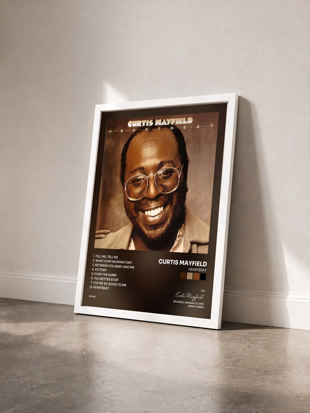 #blanc Tableau de l'album Heartbeat de Curtis Mayfield vu de trois quarts, cadre blanc