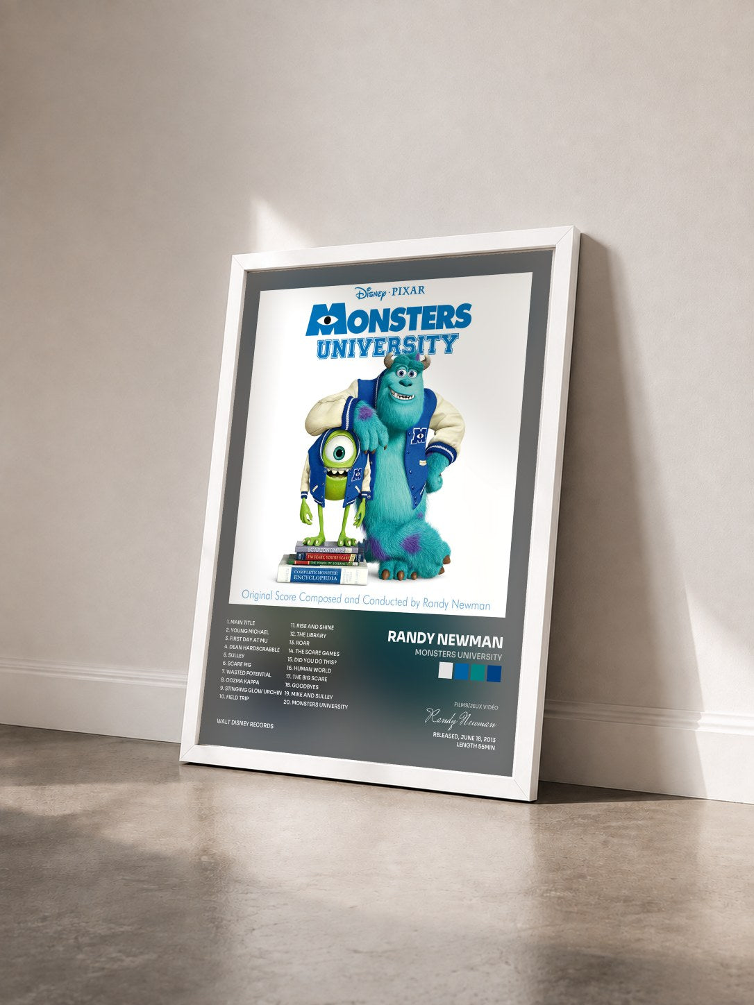 #blanc Tableau de l'album Monsters University de Randy Newman vu de trois quarts, cadre blanc