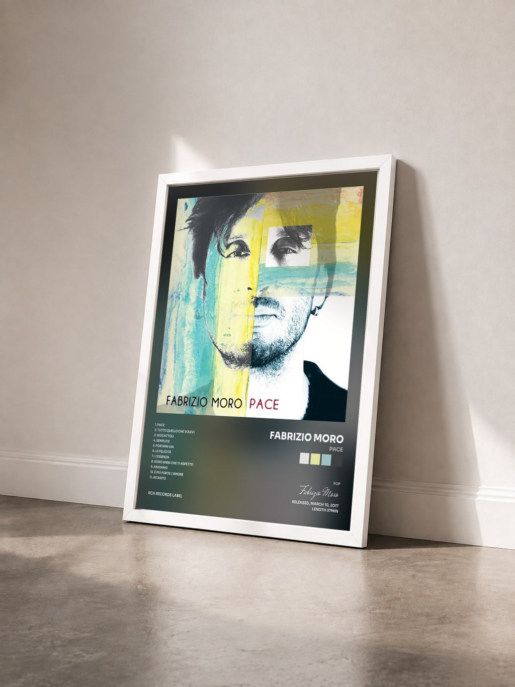#blanc Pace by Fabrizio Moro as a framed art print seen at an angle, white frame