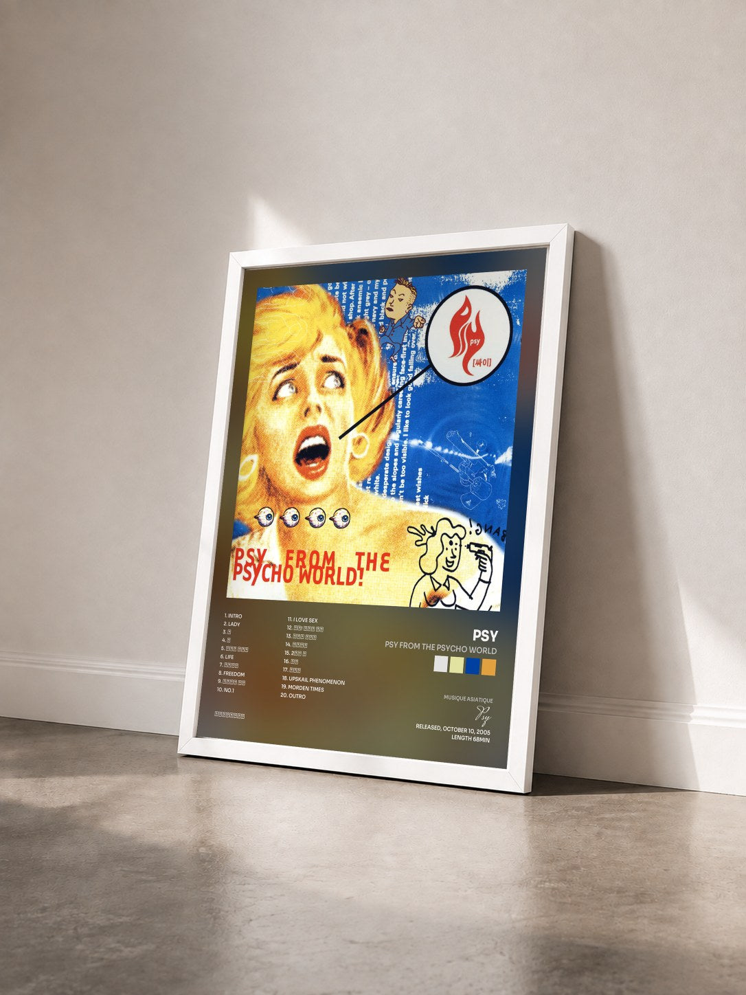 #blanc Tableau de l'album Psy From The Psycho World de Psy vu de trois quarts, cadre blanc